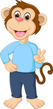 funny monkey cartoon standing with smile and peace 