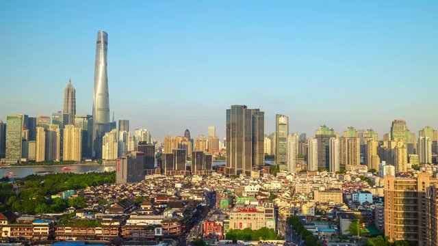 sunset time shanghai city modern downtown bay rooftop panorama 4k timelapse china
