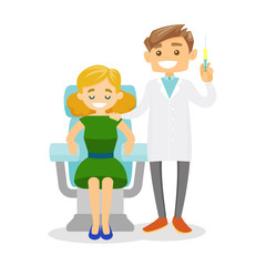 Young caucasian white doctor standing next to the female client in beauty salon and holding a syringe for beauty injection. Vector cartoon illustration isolated on white background. Square layout.