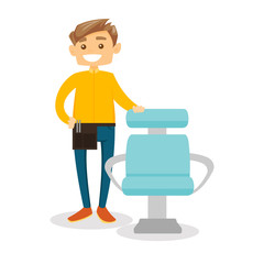 Young caucasian white hair stylist with hairdressing tools on his waist standing next to the armchair in the beauty saloon. Vector cartoon illustration isolated on white background. Square layout.
