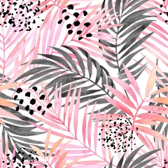 Keuken spatwand met foto Aquarel roze gekleurd en grafisch palmblad schilderij. © Tanya Syrytsyna