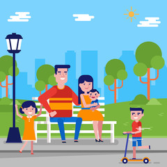 Young caucasian white family with three children spending their spare time in the park outdoor on the cityscape background. Happy family in the park. Vector cartoon illustration. Square layout.
