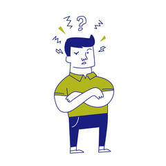 Fototapeta premium Young concentrated caucasian white man with folded arms thinking while standing under question mark