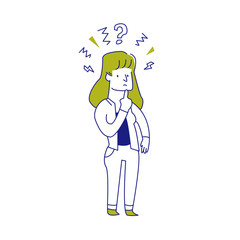 Young caucasian white woman holding a finger on her chin and thinking while standing under question mark
