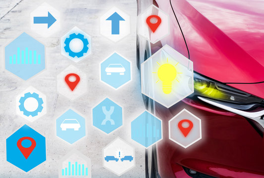 car technology digital virtual screen icon and Wireless communication connecting internet in car technology for transport, automotive, driver image - Powered by Adobe