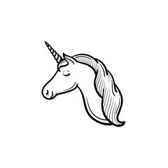 Vector hand drawn unicorn head with horn outline doodle icon