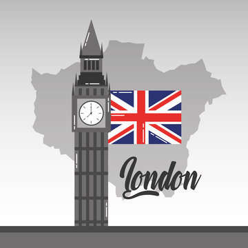 big ben london map and flag british landmark vector illustration