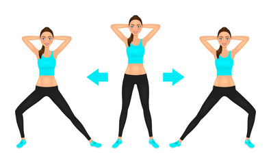 Smiling Young pretty woman make lunge exercise with hands behind head. Fit girl in leggings and crop top. Vector illustration.
