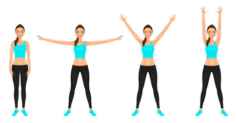 Smiling Yong woman make hands up and hands to the sides exercises. Fit girl in leggings and blue crop top. Vector character.