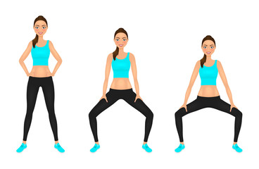 Fototapeta premium Smiling Young woman make squats exercises with hands on the hips. Fit girl in sportswear. Vector character.