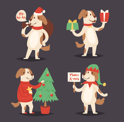 Christmas dog vector cute cartoon puppy character illustration pet doggy Xmas celebrate pose illustration