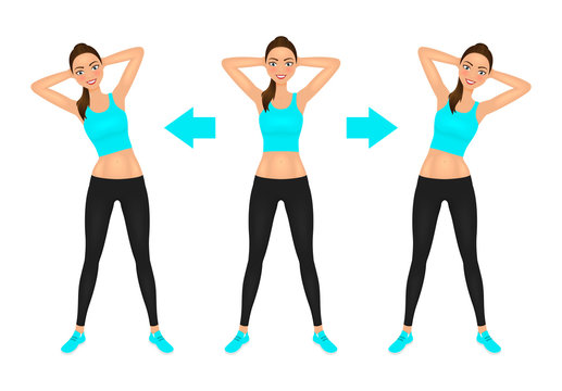 Smiling Young pretty woman make side bend exercise with hands behind head. Fit girl in leggings and crop top. Warm-up instruction vector illustration.