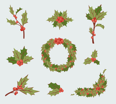 Christmas holly berry decoration vector leaves tree set, Xmas traditional Holly Berry symbol leaf icon branch illustration