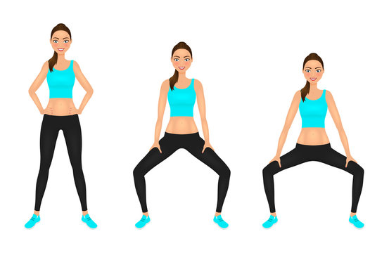 Smiling Young woman make squats exercises with hands on the hips. Fit girl in sportswear. Vector character.