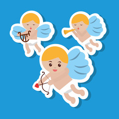 three cupid flying bow harp and trumpet vector illustration