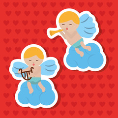 two cupid sitting in clouds making music vector illustration