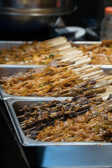 Chinese Street Food - Variety of Kebabs Selective Focus Chengdu China