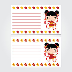 Cute Chinese girl plays firecrackers with flowers border vector cartoon illustration for Chinese New Year card design, postcard, and wallpaper
