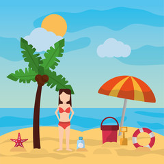 woman standing in beach palm umbrella bucket shovel sunblock sunny day vector illustration
