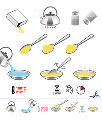 Cooking and preparation icons. Set of sign for detailed guideline. Vector elements on a white background. Ready for your design.