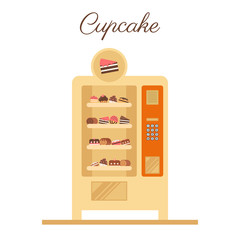 Vending vector machine. Cupcake vending in a flat vector. Business idea.