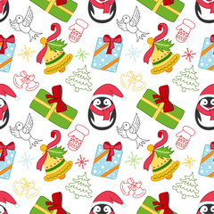 Funny cartoon Christmas seamless pattern.   Winter background, decorative childish wrapper, texture, textile. Seamless festive pattern with Christmas tree, box gift, penguin, bell, mitten, bird.