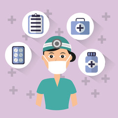 Fototapeta na wymiar female doctor surgeon mask cap bottle pharmacy clipboard kit first aid vector illustration