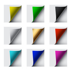 Vector different color sheet curl corners on grey background.