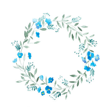 Greeting card floral frame decoration. Watercolor wreath of blue flowers isolated on white background.