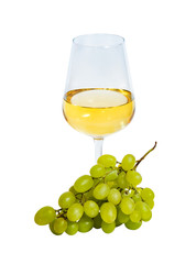 Glass of white wine and grape branch isolated on white background