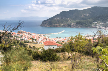 View over the bay of Skopelos town on Skopelos island in Greece
