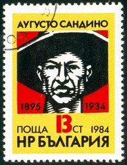 UKRAINE - circa 2017: A postage stamp printed in Bulgaria shows Cesar Augusto Sandino, circa 1984