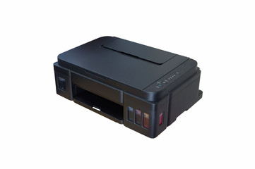 A multi function printer with internal ink tank is isolated white background.