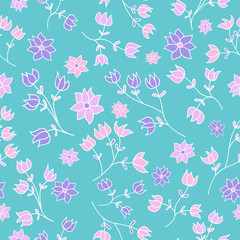 Seamless pattern with hand-drawn gentle flowers on a bright background.