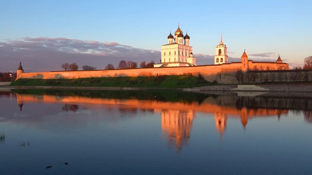 Pskov Kremlin in the rays of the setting sun of the october evening. Pskov, Russia