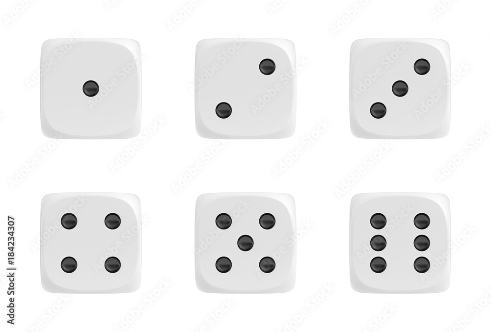 Fototapete 3d rendering of a set of six white dice in front view with black dots showing different numbers.