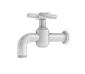 3d rendering of single metal water tap with a cross handle isolated on a white background.