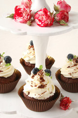 Cupcake with chocolate cream cheese, blueberry, chocolate chip and mint leaves