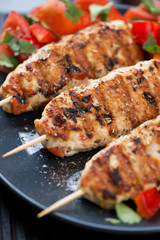 Closeup of grilled lula kebabs made of chicken meat served with fresh vegetables, selective focus, vertical shot