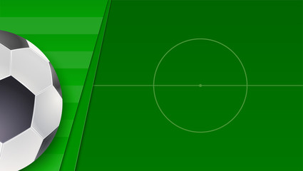 Soccer or european football green field. Horizontal banner for football competition or sport events with ball and field, top view. 3D illustration, template for cover, print design, posters.