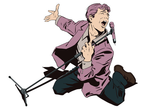 Man in karaoke. Inspired singer with microphone. Stock illustration.