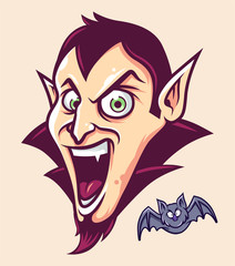 Dracula Head and Bat Cartoon Vector