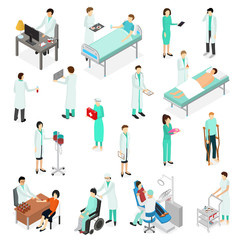 Nurses Attending Patients Icons Set Isometric View. Vector