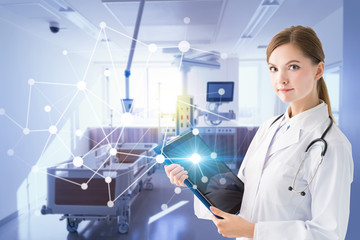 Hospital room and wireless communication network concept.