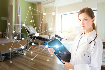 Hospital room and wireless communication network concept.