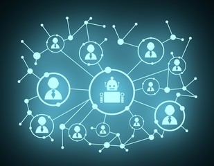 Growth background with lines, circles and integrate icons. Connected symbols for digital, interactive and global communication concept. Human and robot teamwork. 3D rendering. Neon shine illumination