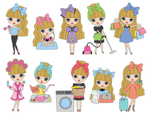 Blonde Haired Vector Illustration of cute blonde haired girl in routine activities such as working out, studying, doing laundry, cooking, vacuuming, shopping, paying bills, traveling.
