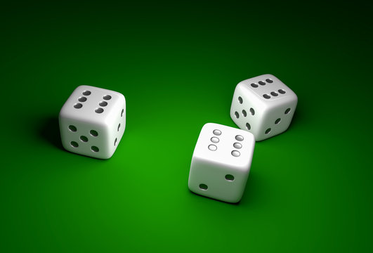 Three dice with number six on green casino background