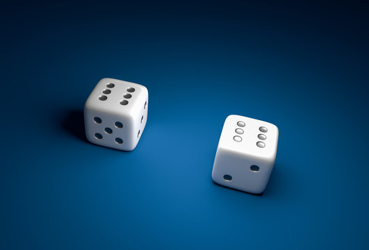 Two dice with number six on blue casino background