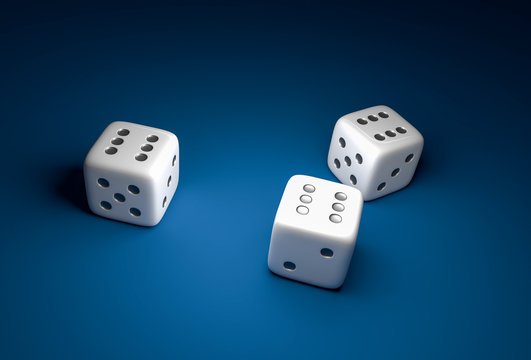 Three dice with number six on blue casino background